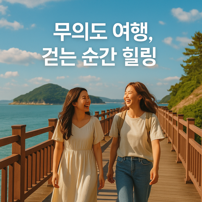 무의도 가볼만한곳인 해상관광탐방로에서 젊은 여성 2명이 멋진 풍경을 바라보며 환하게 웃고 있다.