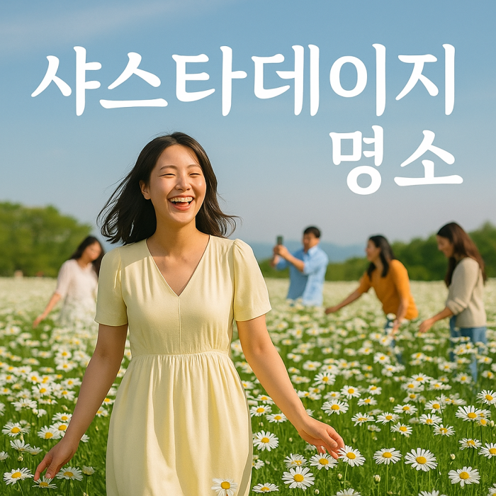 샤스타데이지 명소인 부안 변산마실길 샤스타데이지 군락지에서 한 여성이 무척 즐거워하고 있다.