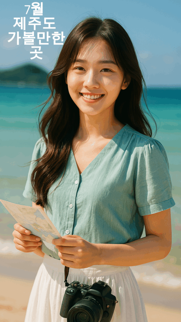 7월 제주도 가볼만한곳 협재해수욕장에서 여성이 웃고 있다