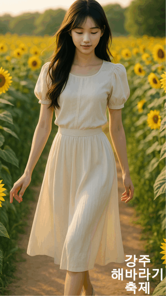 강주 해바라기 축제에서 한 여성이 해바라기 사이를 걷고 있다.