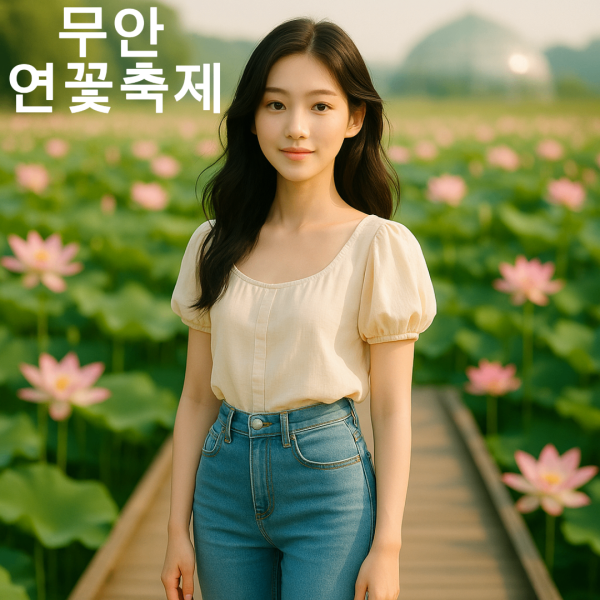 무안 연꽃축제에서 한 여성이 돔과 연꽃을 배경으로 사진을 찍고 있다.