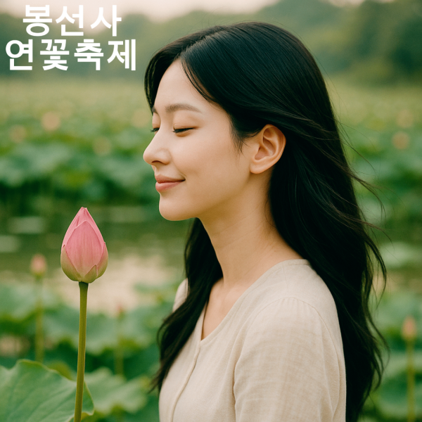 봉선사 연꽃 축제에서 한 여성이 아직 만개하지 않은 연꽃을 사랑스럽게 바라보고 있다.