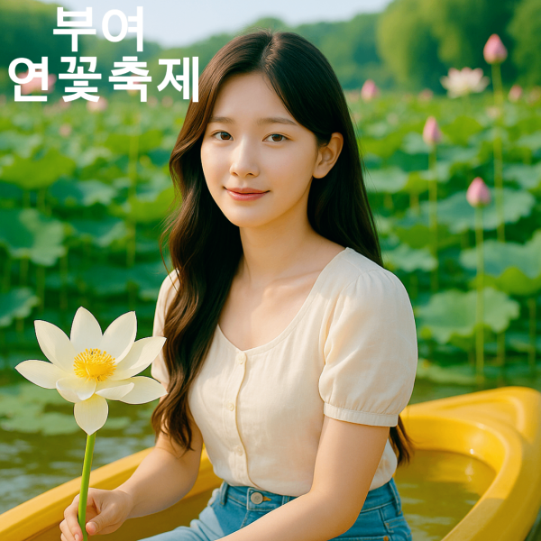 부여 연꽃축제에서 한 여성이 카누를 타며 연꽃 풍경을 즐기고 있다.