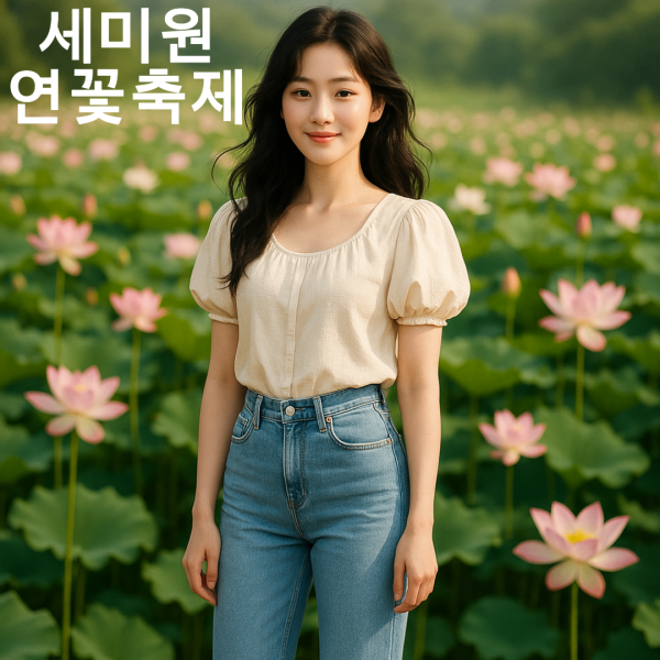 세미원 연꽃축제에서 한 여성이 연꽃을 배경으로 사진 촬영을 하고 있다.