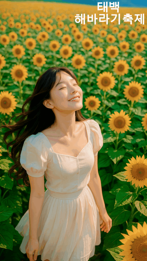 태백 해바라기축제 장소에서 한 여성이 해바라기밭에 서서 즐거움을 만끽하고 있다.