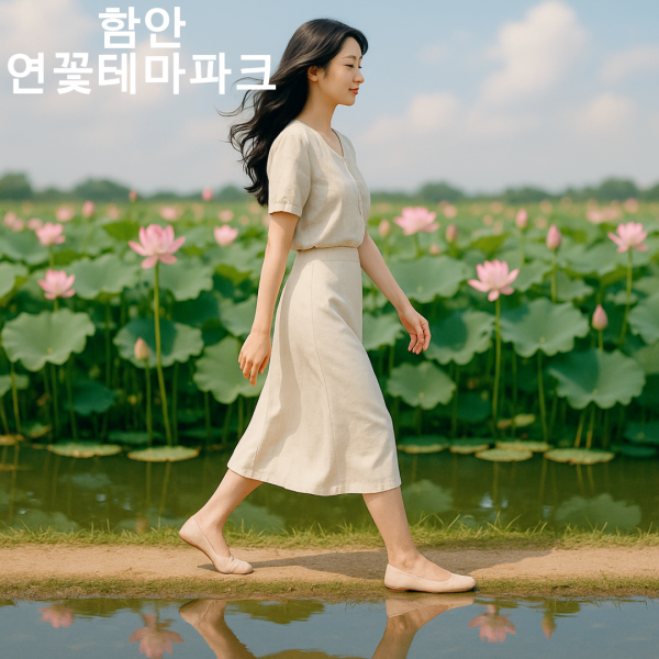 함안 연꽃테마파크에서 한 여성이 연꽃 주변 길을 걷고 있다.