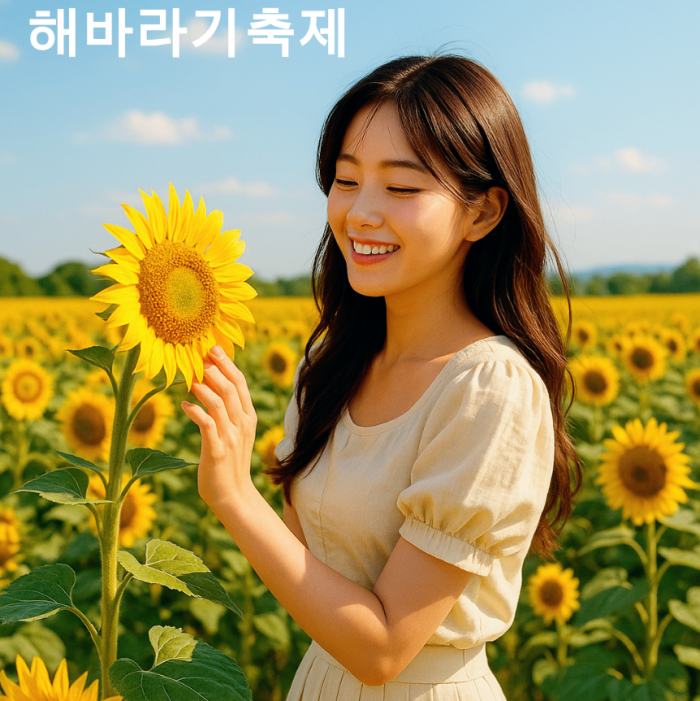 해바라기축제에서 한 동양인 여성이 해바라기를 보며 즐거워하고 있다